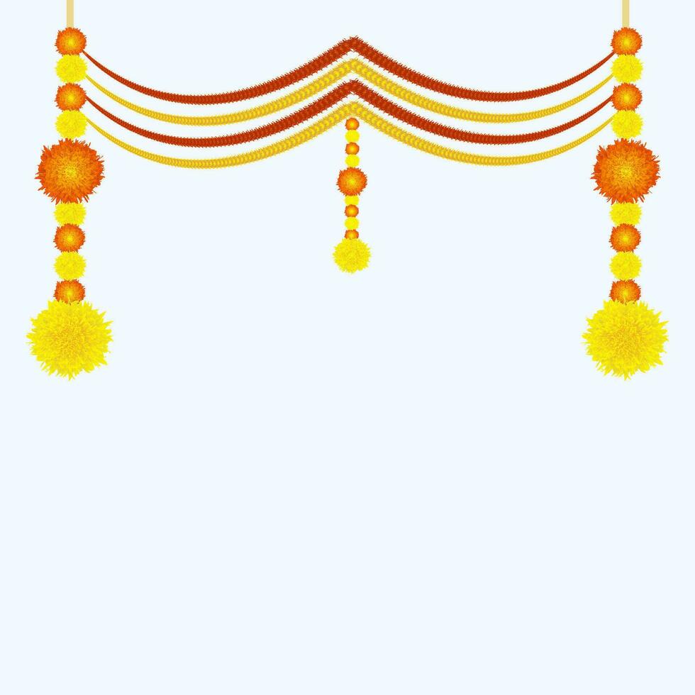 Traditional Indian Marigold Flower Garland with Mango leaves. Decoration for Indian hindu holidays or weddings or Puja Festival, Indian Festival flower decoration vector
