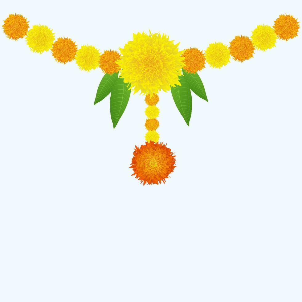 Traditional Indian Marigold Flower Garland with Mango leaves. Decoration for Indian hindu holidays or weddings or Puja Festival, Indian Festival flower decoration vector