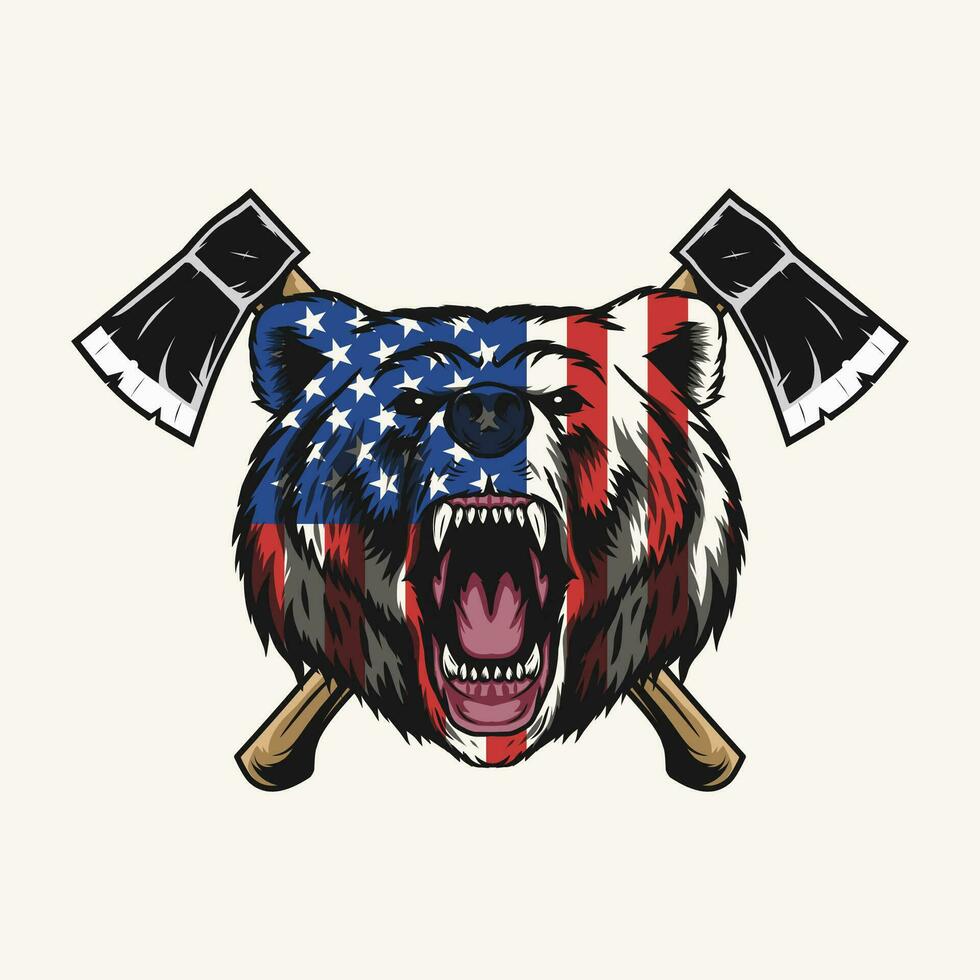 oso cabeza mascota con Estados Unidos bandera y cruzar hacha vector