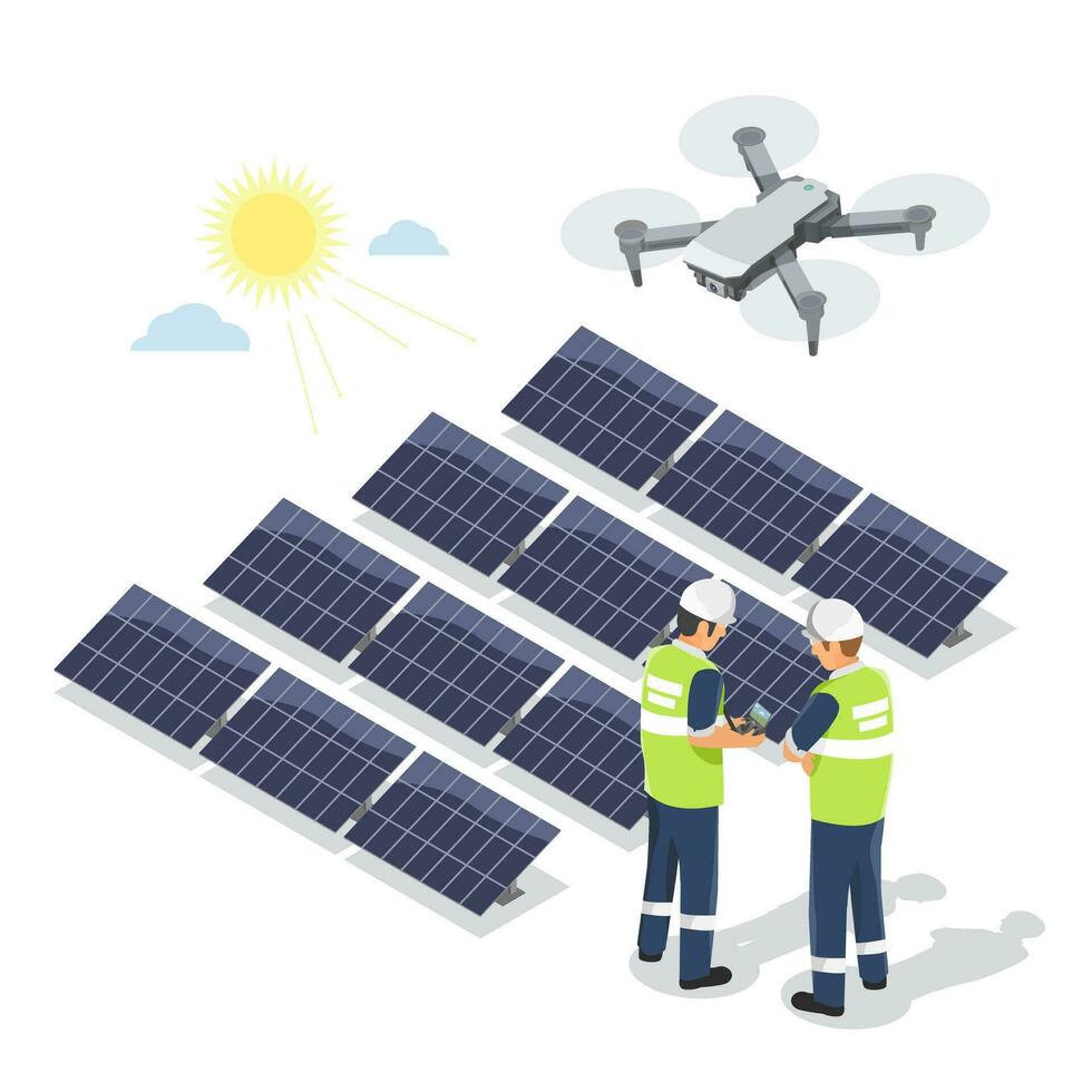 engineers use drone fly to inspect Solar Panels at Power Plant inspection concept isometric  isolated illustration cartoon vector