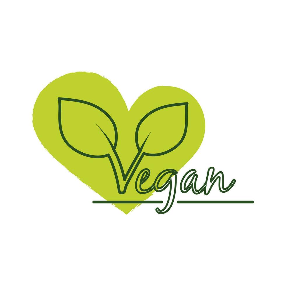 Vegan sticker, label, badge and logo. Ecology icon. Logo template with heart and leaves for vegan restaurant or vegan product. Vector illustration isolated on white background