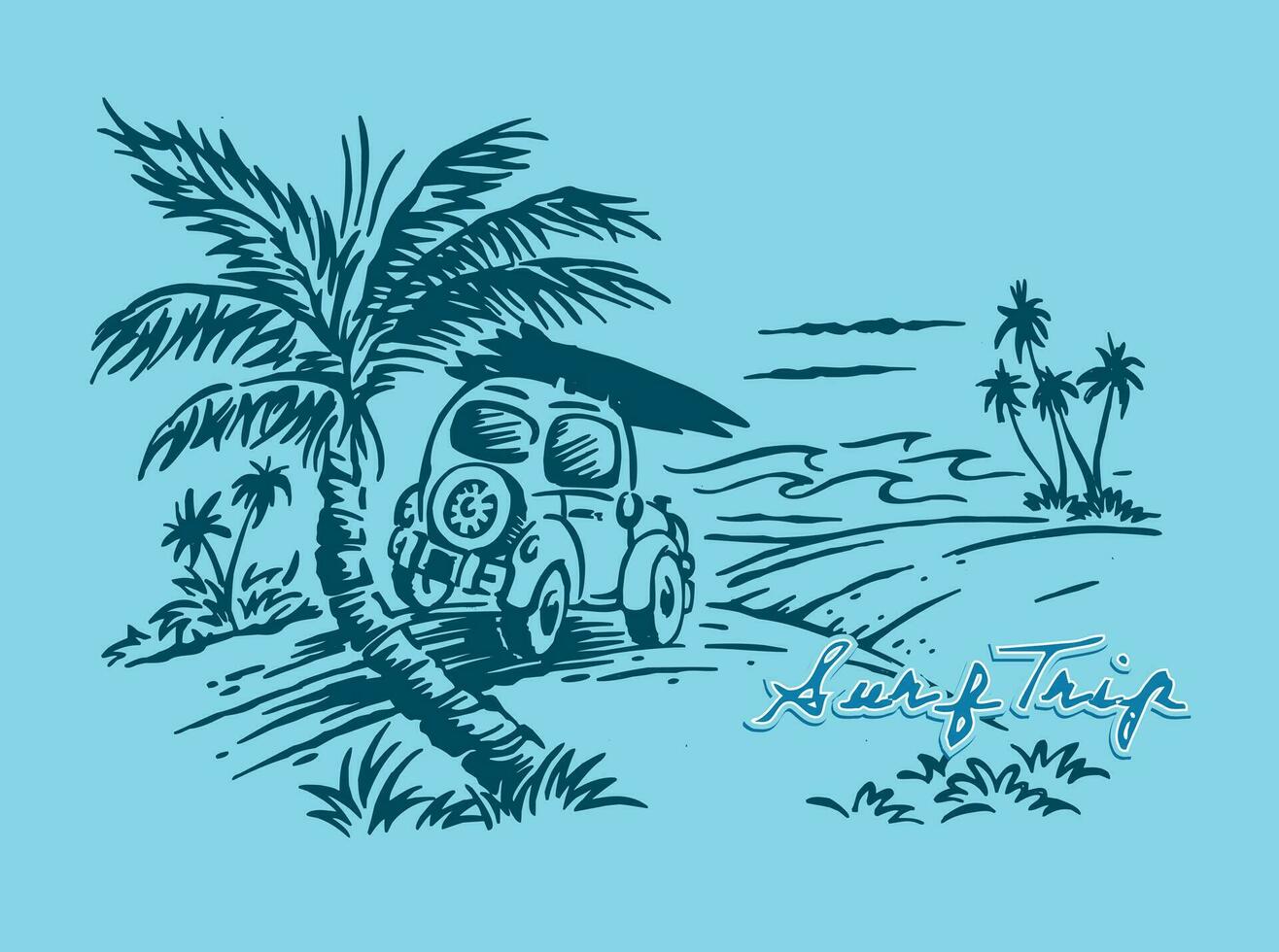 Vector, hand drawn illustration in cartoon style of seaside landscape with surfer car. Art in stripped strokes for posters, prints on t-shirts and etc. vector