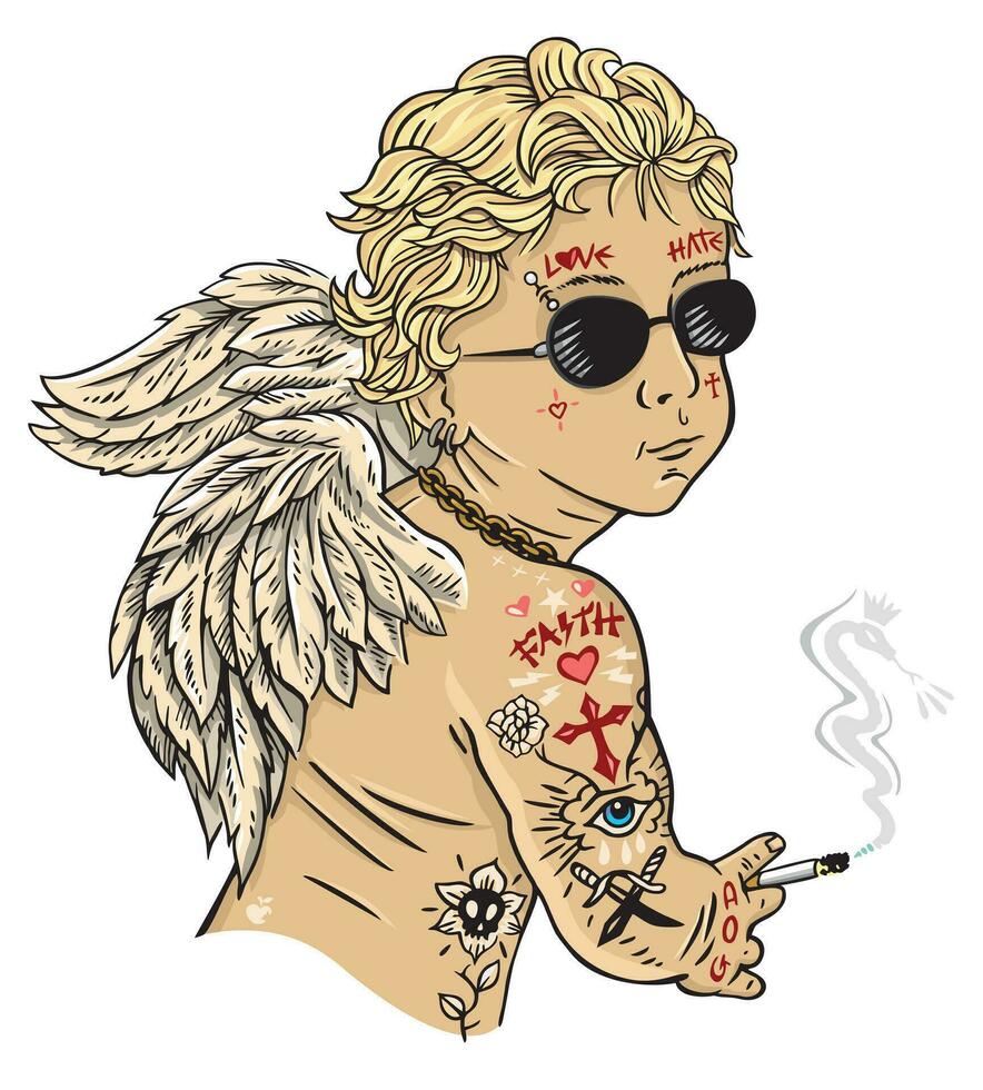 Vector illustration of angel with piercing and tattoo. Art in stripped style. Editable design for prints on t-shirts, posters and etc.