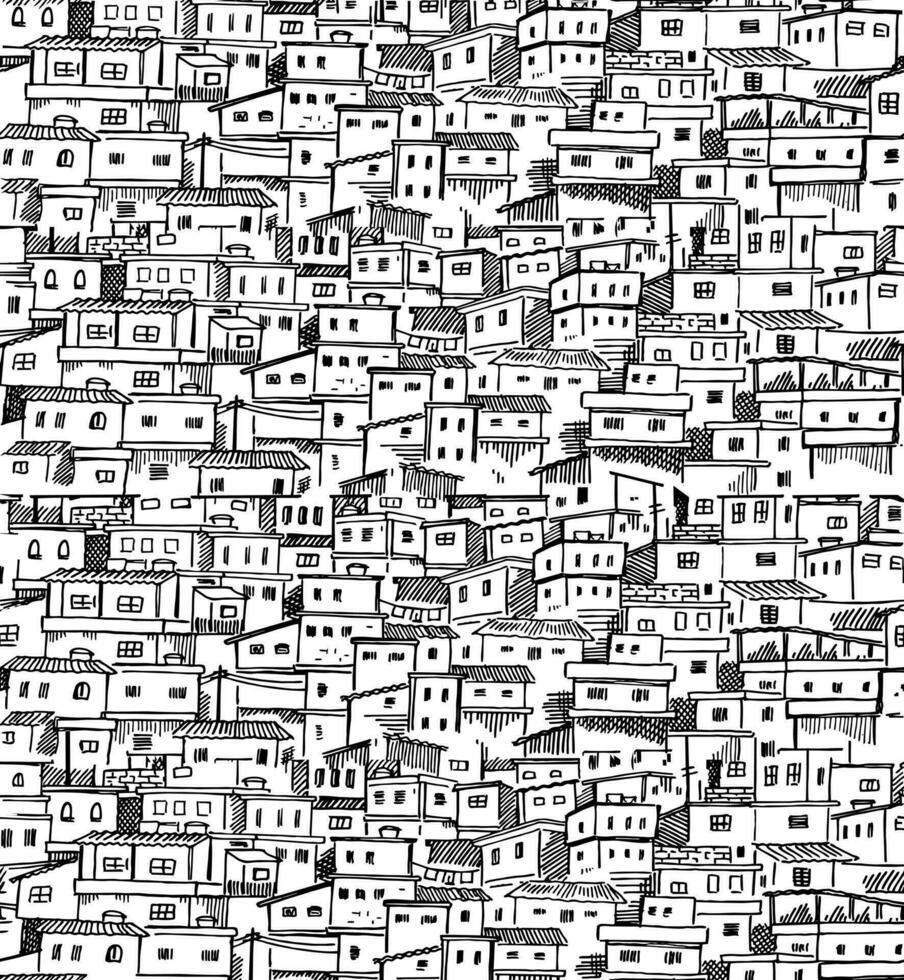 Handmade vector illustration of repeating slum pattern. Art artistically representing a favela. Design for prints on fabrics, wallpapers, etc.