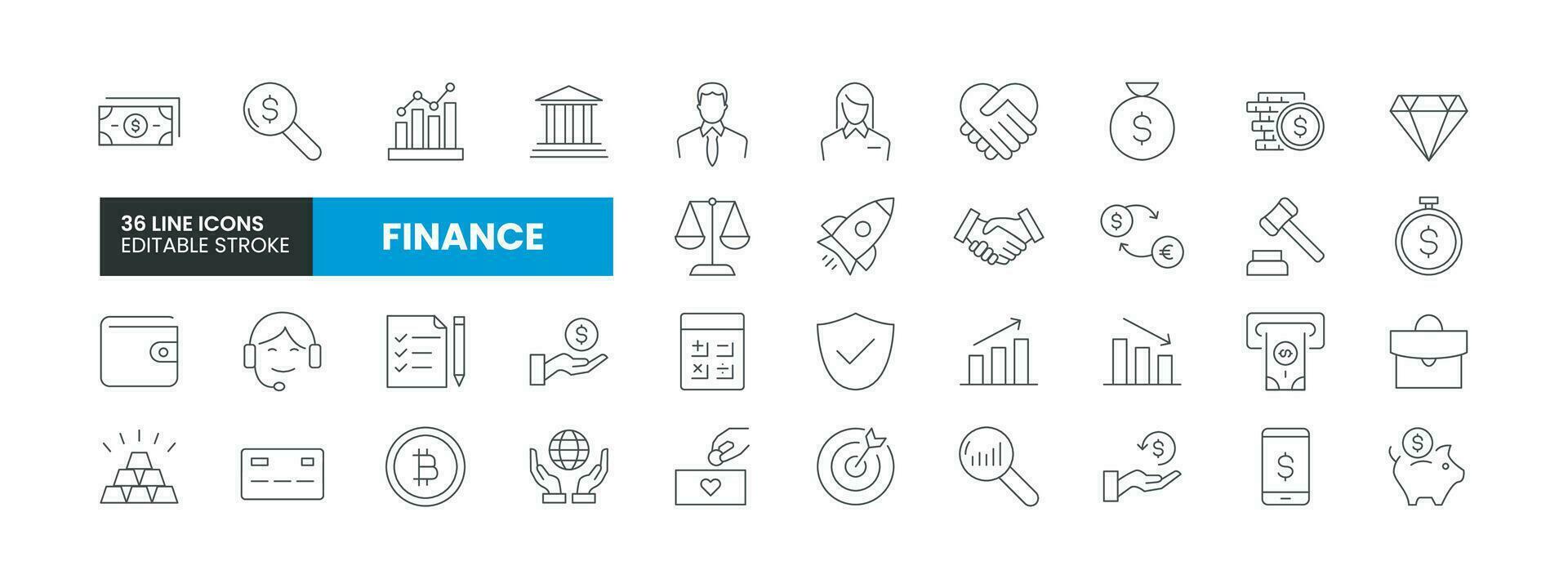 Set of 36 Finance line icons set. Finance outline icons with editable stroke collection. Includes Bank, Money, Coins, Bitcoin, Currency Exchange and More. vector