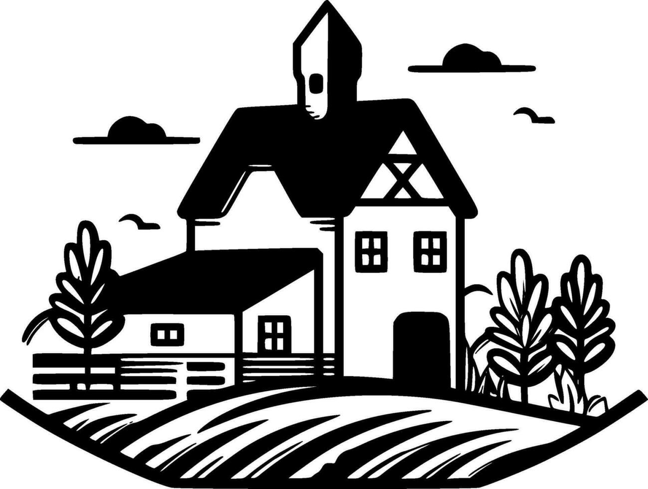 Farmhouse, Black and White Vector illustration