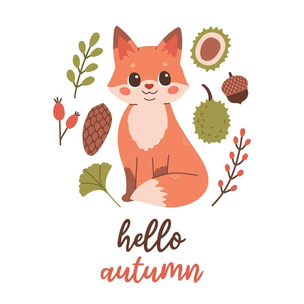 Hola otoño tarjeta postal con zorro. bosque tarjeta con hojas y linda bosque animal en blanco antecedentes. vector ilustración