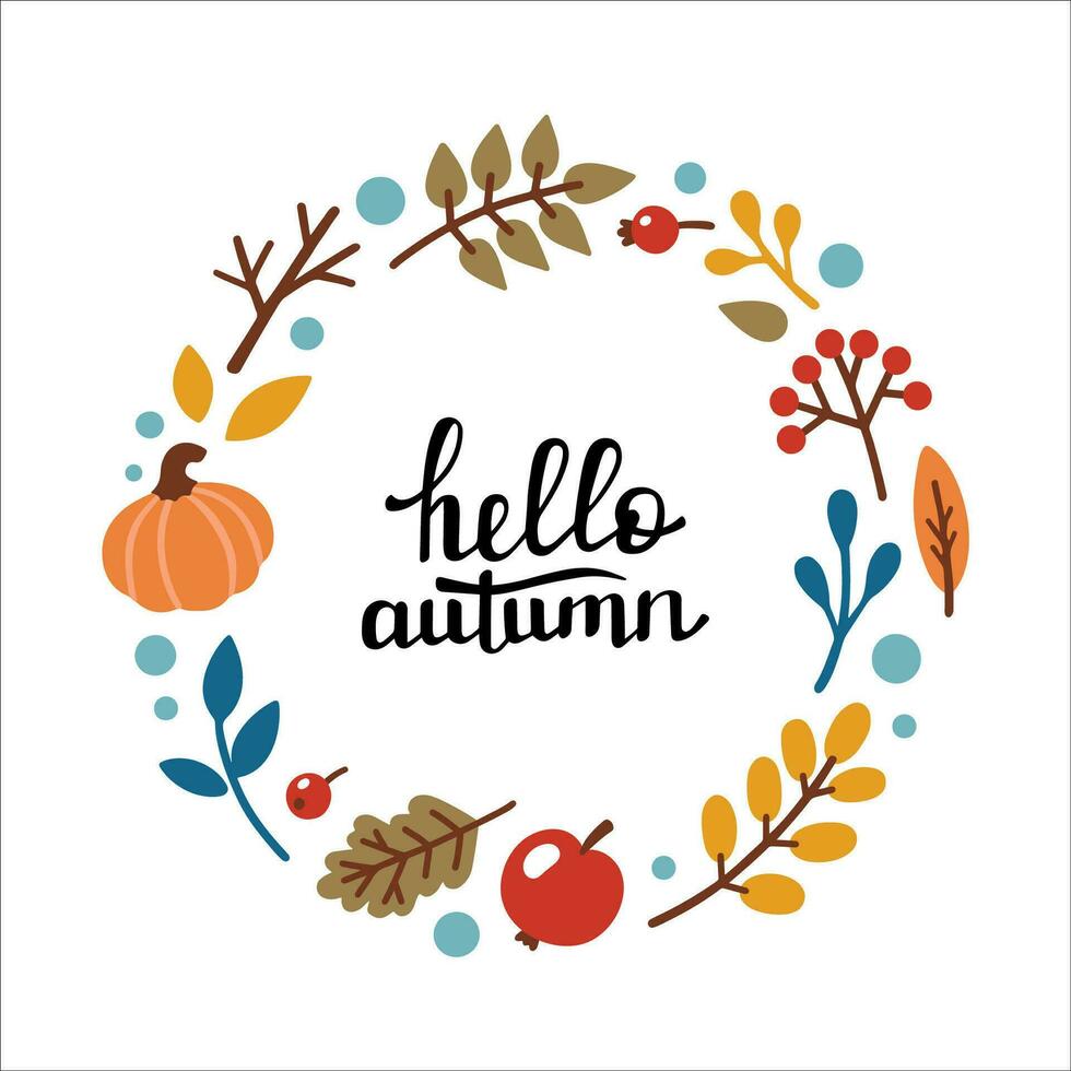 Hola otoño escrito letras. otoño decorativo marco, modelo con hojas, calabaza, manzana, bayas. vector ilustración en garabatear estilo.