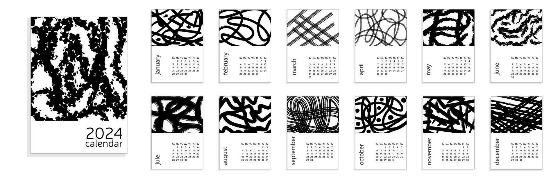 Abstract hand drawn brush calendar 2024. A4 calendar week starts from Sunday. 12 months templates. Calendar for 2024 year in English. Vector illustration.