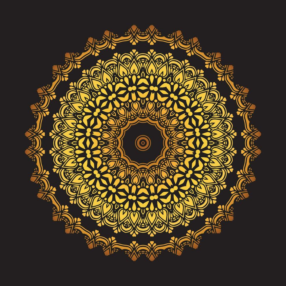 Luxury ornamental mandala design background in gold, Luxury wedding invitation, Ornamental floral corner frame, black background with gold mandala decoration vector