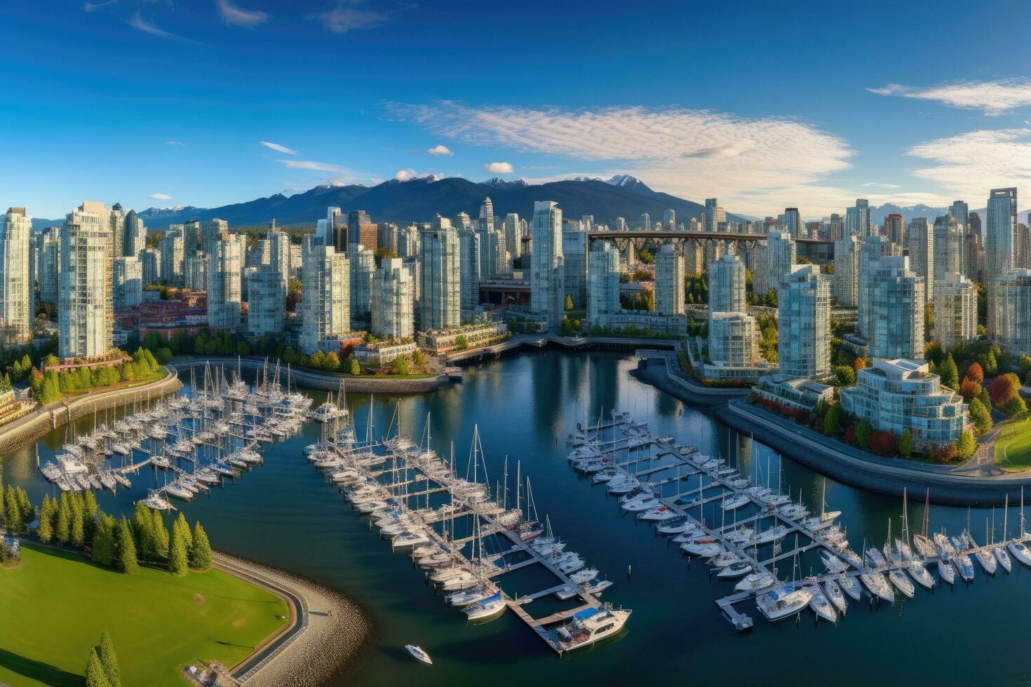 Vancouver cityscape, Vancouver, America, Aerial Panorama of Downtown City at False Creek, Vancouver, British Columbia, Canada, AI Generated photo