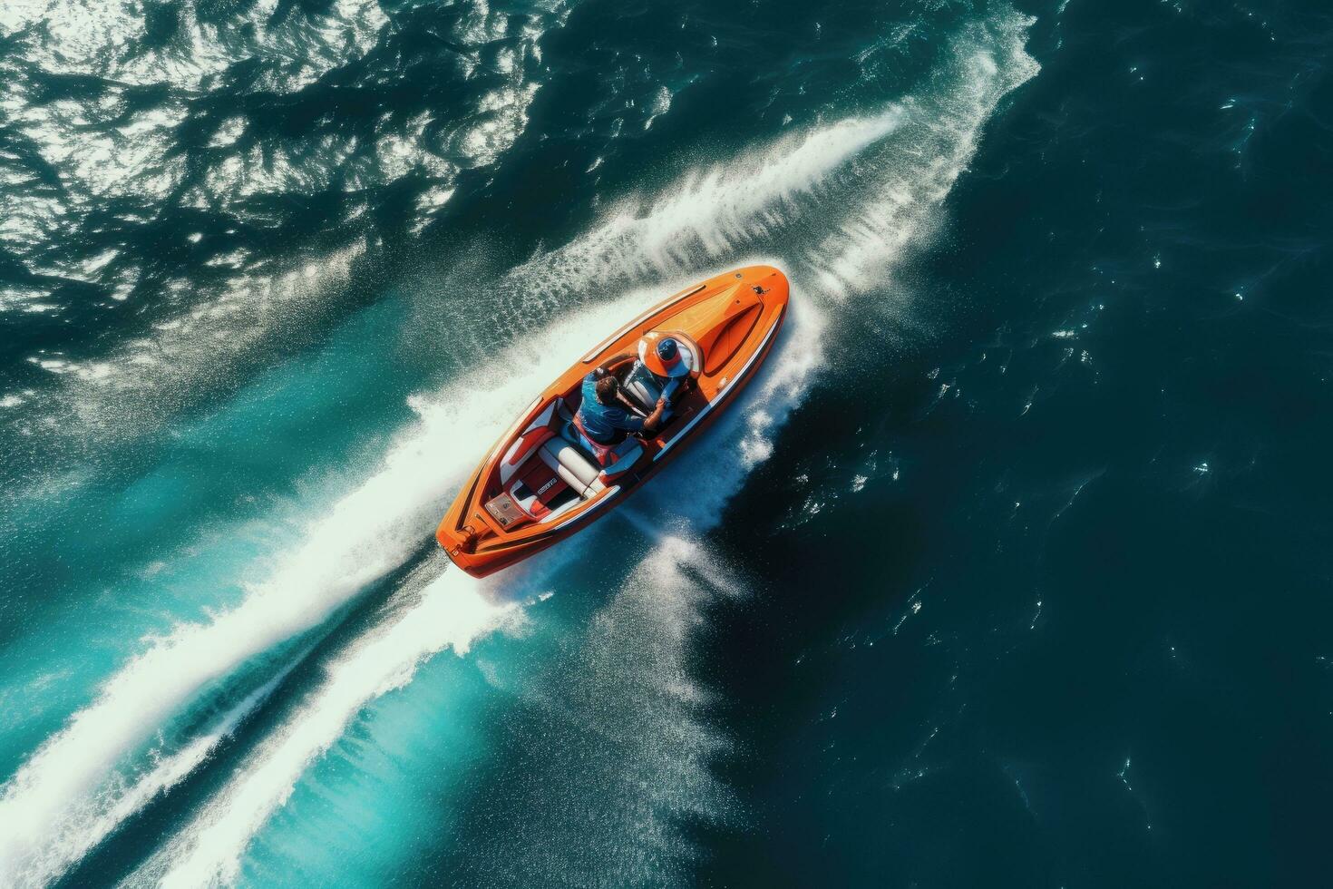 aéreo ver de un lancha rápida en el océano. parte superior vista. aéreo parte superior abajo ver de slalom hecho por velocidad barco en un kayac navegación instrucción, ai generado foto