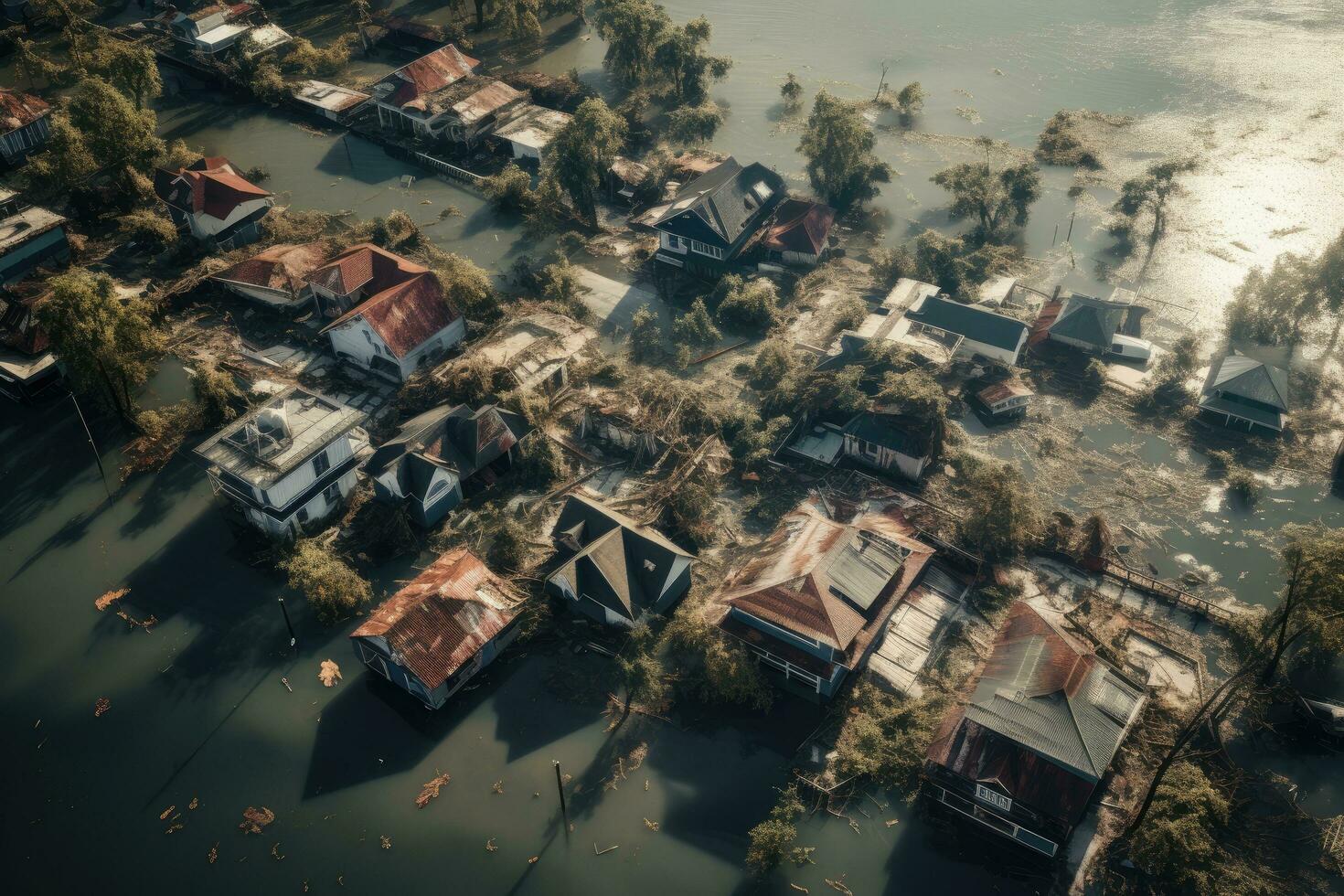 Aerial view of houses on the bank of the Mekong River in Vietnam, Aerial POV view Depiction of flooding. devastation wrought after massive natural disasters, AI Generated photo