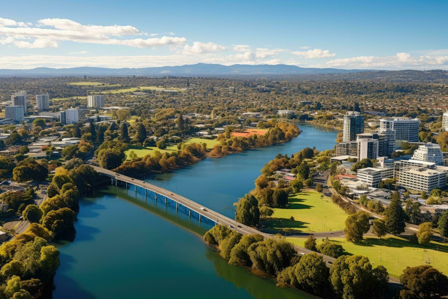 Aerial view of the city of Perth, Western Australia. largest city of Australia. panoramic view looking at Victoria Bridge over the Waikato River as it cuts through the city of Hamilton, AI Generated photo