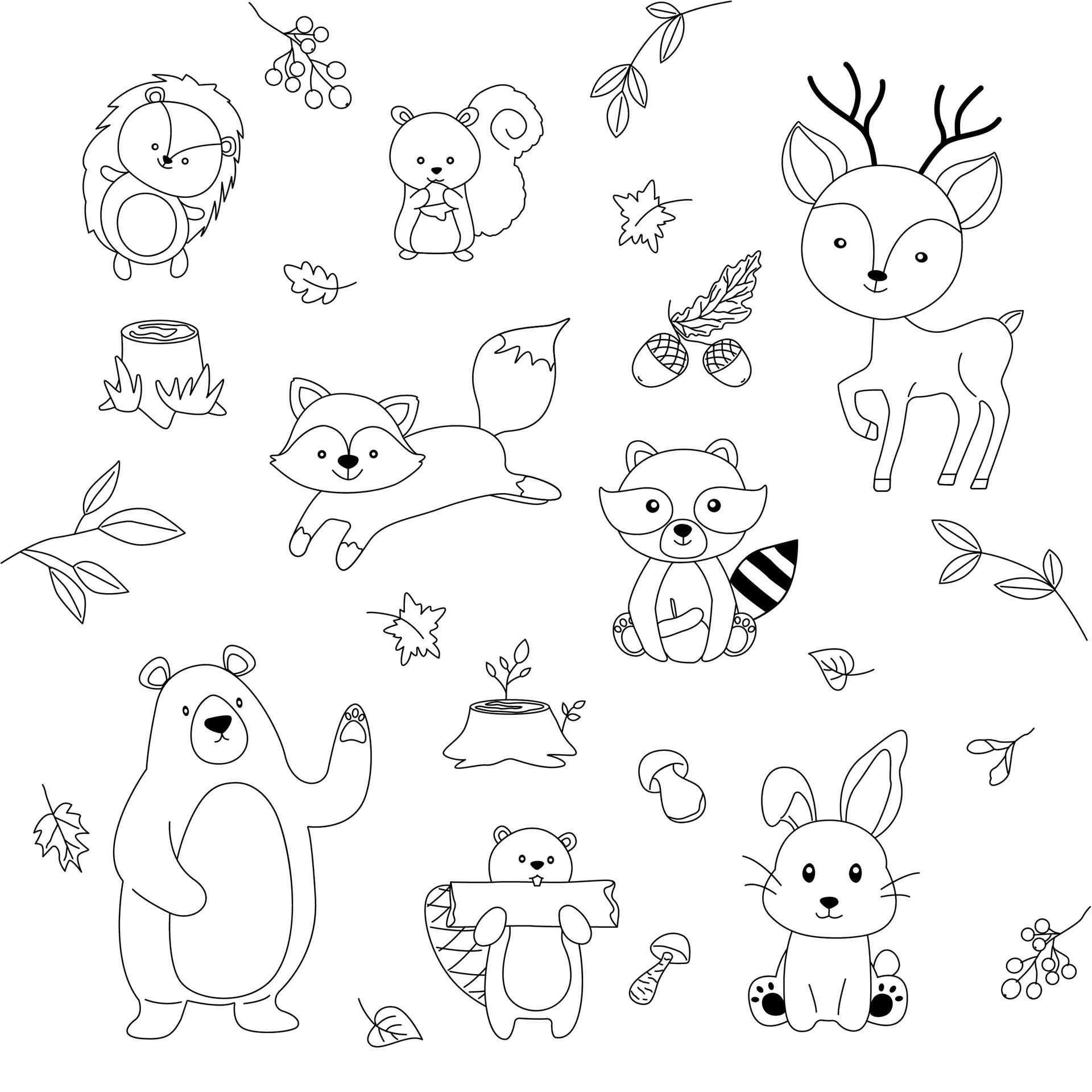 Cute forest animals in cartoon style. The nature of the forest. Bear