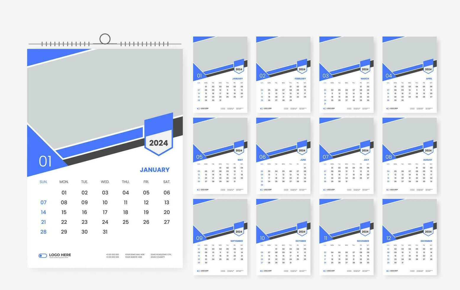 2024 wall calendar template design 12 page vector