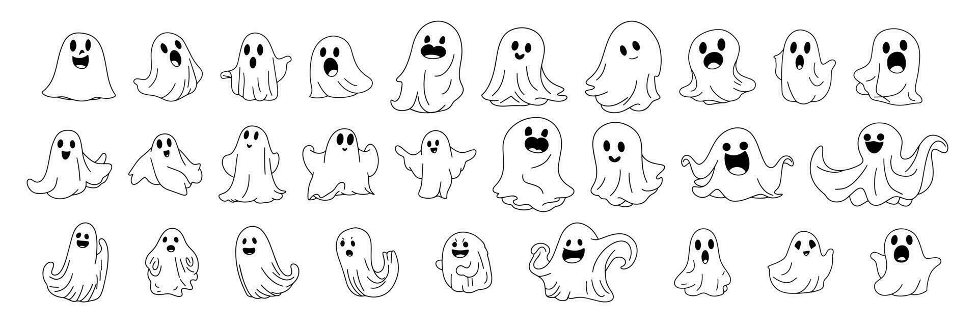 Big set of hand drawn doodle ghosts. Halloween ghost silhouette  set, Outline ghost collection. Vector illustration. Line art ghost