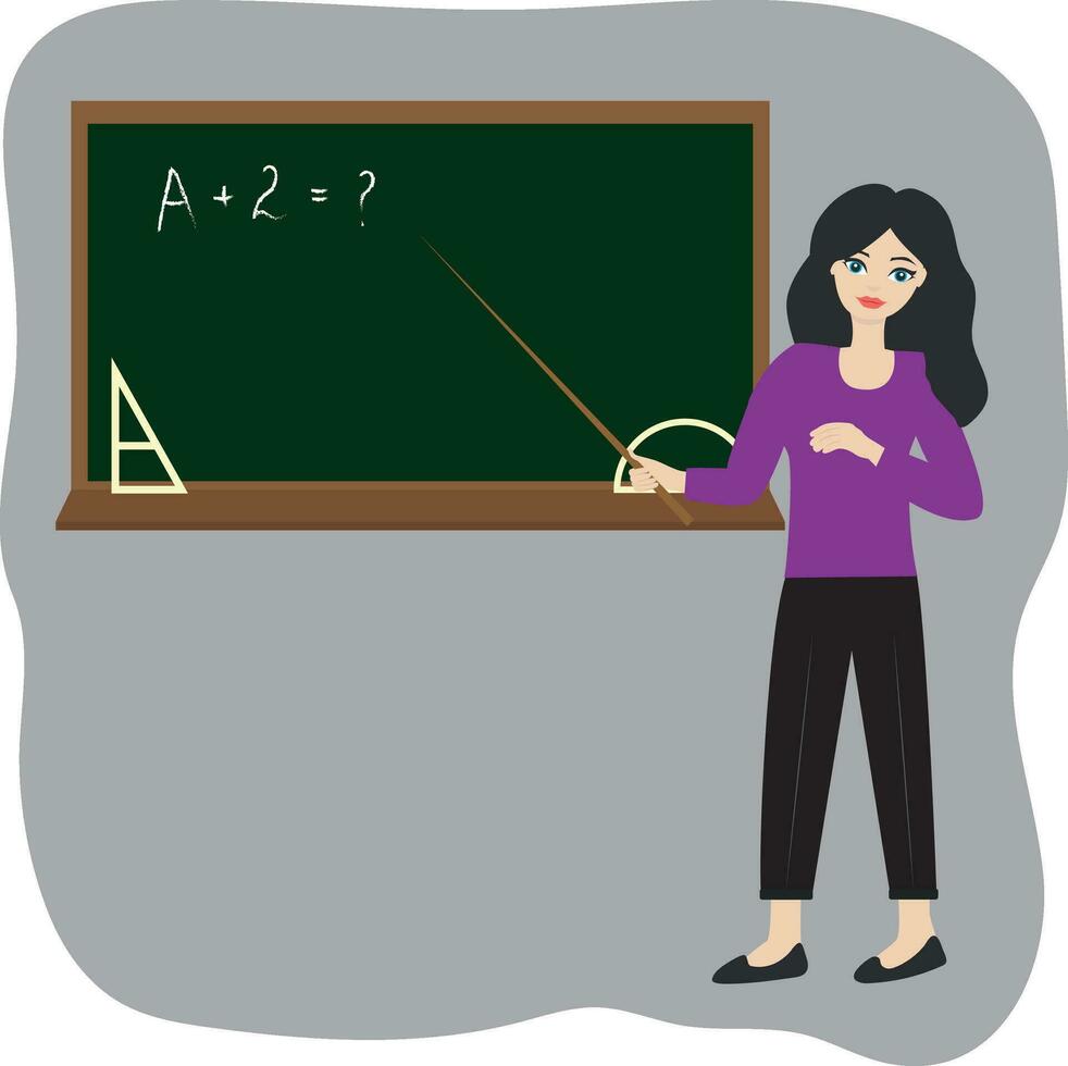 The teacher at the blackboard in the classroom. Educational process. High quality vector illustration.