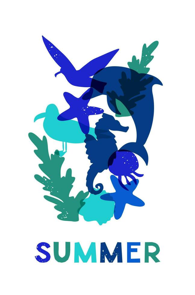 Summer risographic concept with abstract sea animals. Retro minimalistic hand drawn composition with grunge texture. Sea animals monochromatic silhouettes. Ideal for background, banner, poster vector