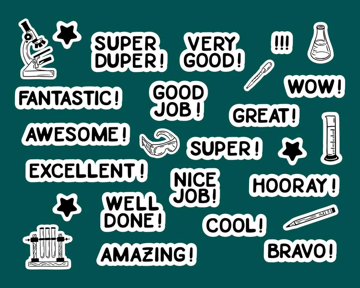 School set of black and white encouraging stickers. Minimalistic doodle characters and school science elements with white outline. Words and phrases with approving meaning on green background vector