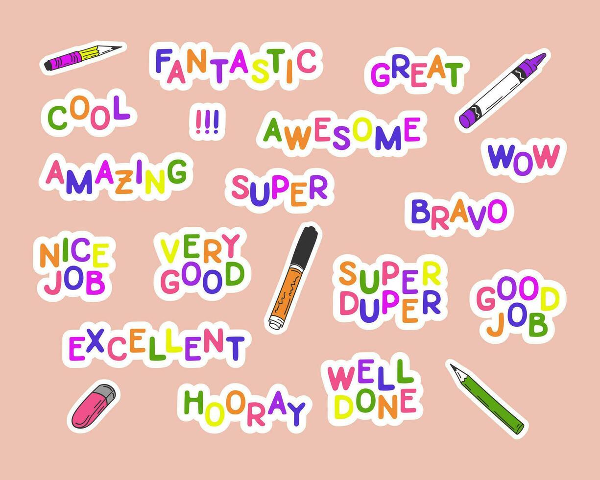 Kids set of school colored approving stickers. Vibrant neon colored characters with white outline. Words and phrases with encouraging meaning and stationary. Good for decoration, graphics vector