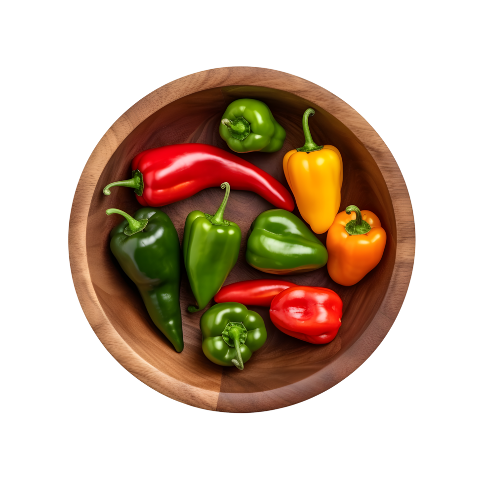 Fresh chilies and peppers in wooden bowl, top view, ai generated png