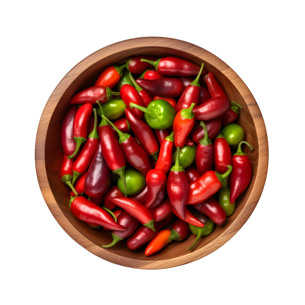 Fresh red and green chilies in wooden bowl, ai generated png