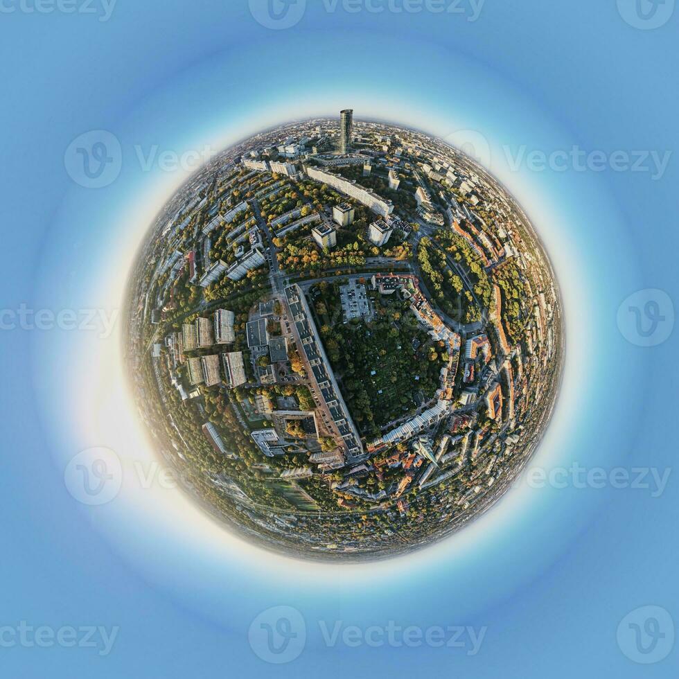 Little planet panorama of Wroclaw city in Poland. European city architecture photo