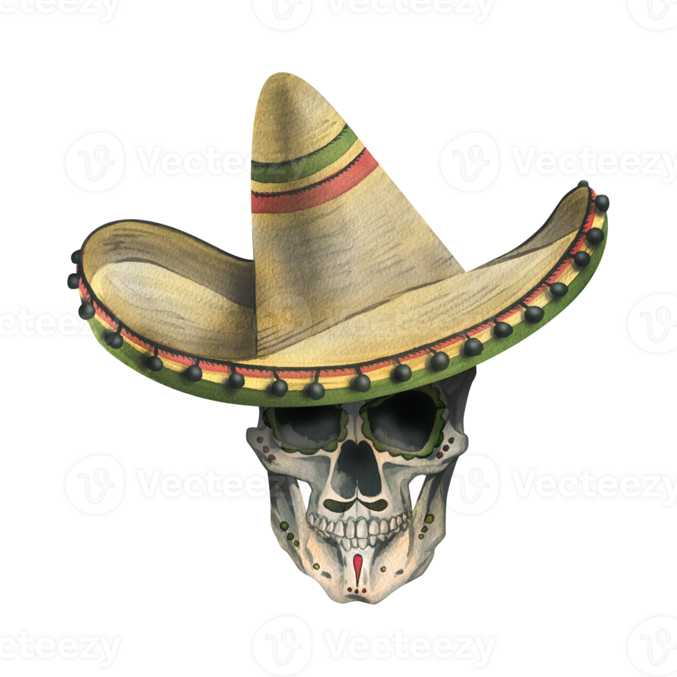 en mänsklig skalle med ett prydnad i en sombrero hatt. hand dragen vattenfärg illustration för dag av de död, halloween, dia de los muertos. isolerat objekt png