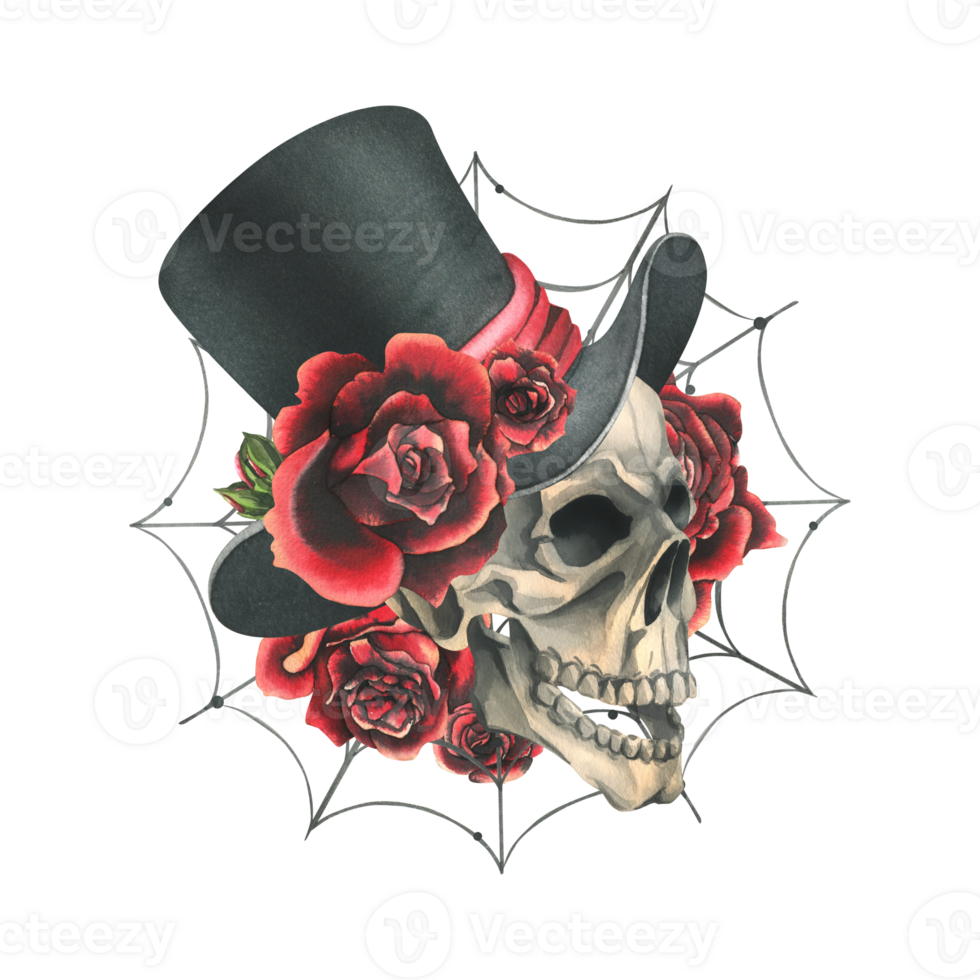 Human skull in a top hat with red roses and cobwebs. Hand drawn watercolor illustration for Halloween, day of the dead, Dia de los muertos. Isolated composition png
