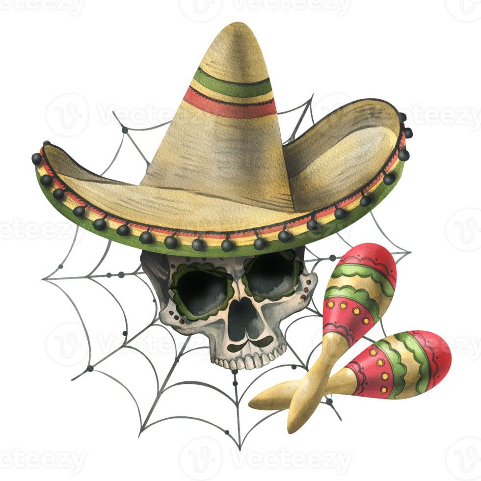 Ornamented human skull, in a sombrero hat with maracas and cobwebs. Hand drawn watercolor illustration for day of the dead, halloween, Dia de los muertos. Isolated composition png