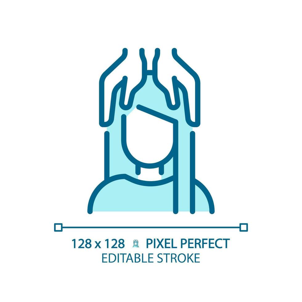 2D pixel perfect editable woman with head massage blue icon, isolated vector, haircare thin line simple monochromatic illustration. vector