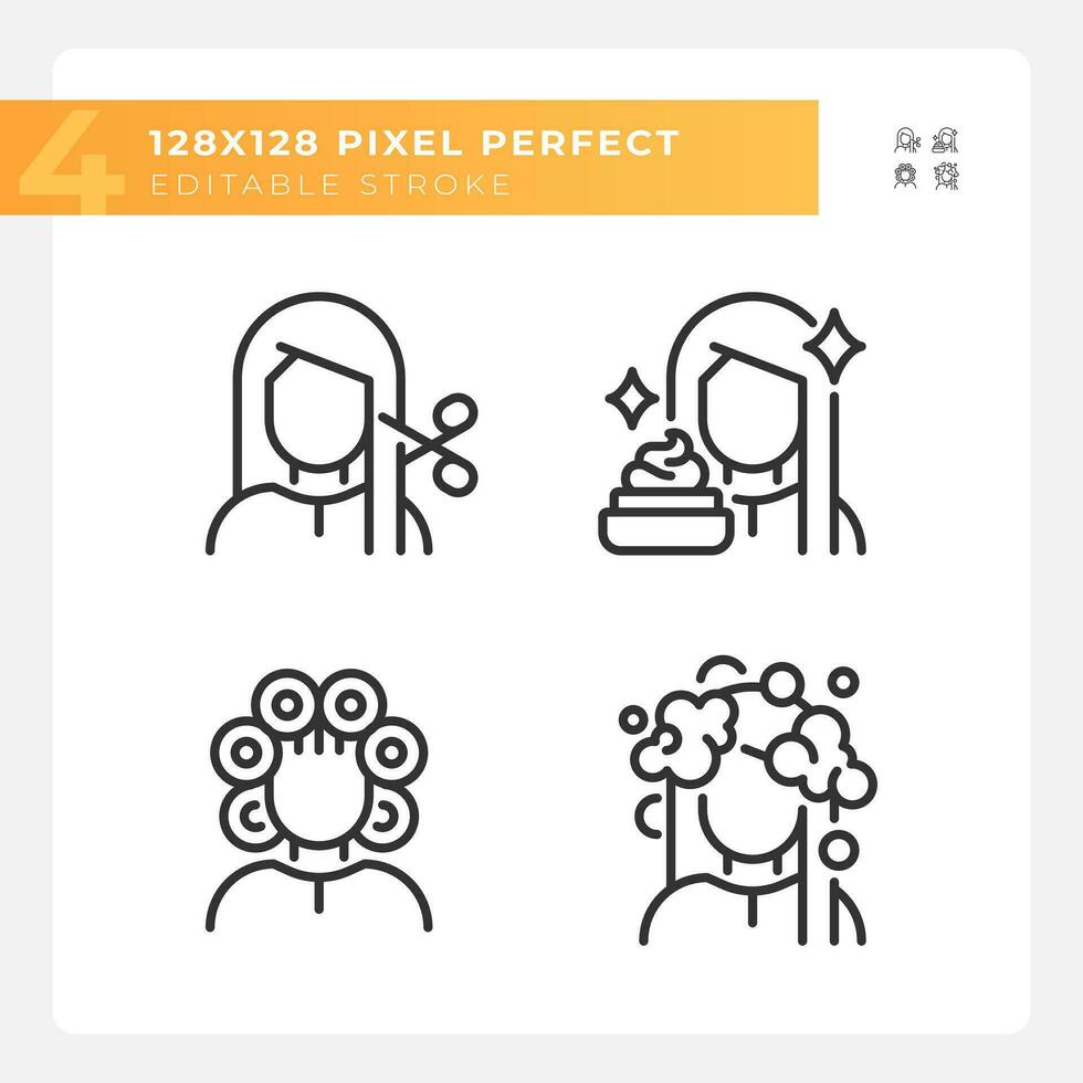 Collection of pixel perfect black icons set representing haircare, customizable thin line illustration. vector