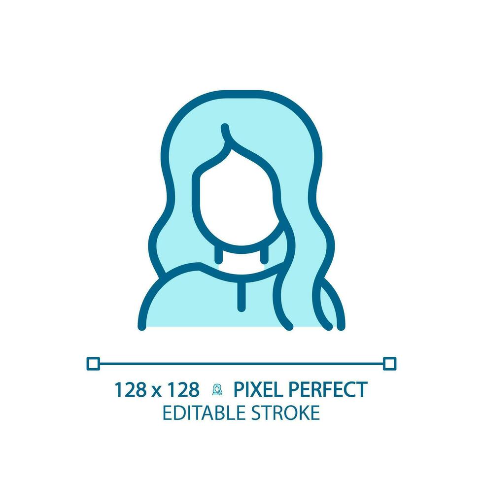 2d píxel Perfecto editable mujer con ondulado peinado azul icono, aislado vector, cuidado del cabello Delgado línea sencillo monocromo ilustración. vector