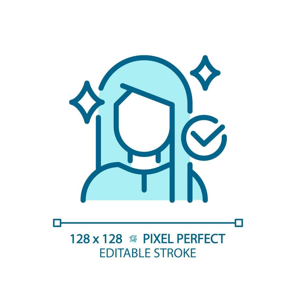 2D pixel perfect editable woman with shiny hairstyle blue icon, isolated vector, haircare thin line simple monochromatic illustration. vector