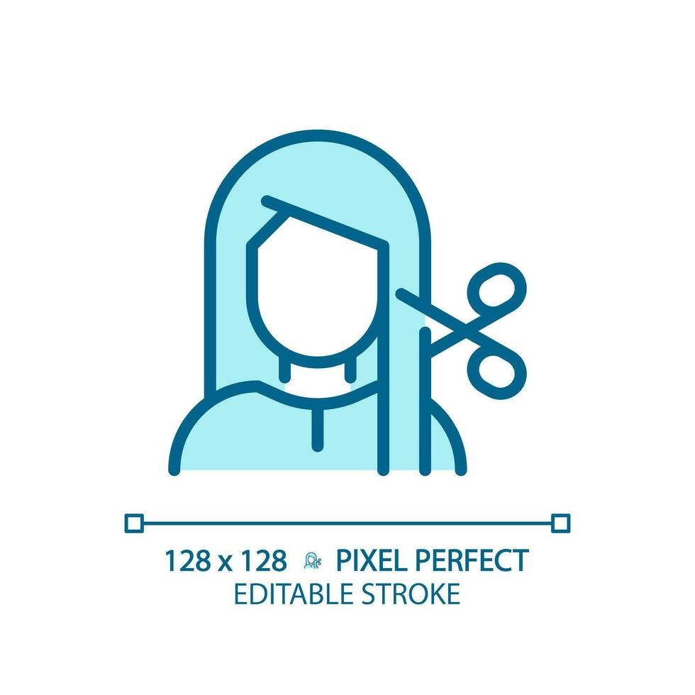 2D pixel perfect editable woman with haircut at spa blue icon, isolated vector, haircare thin line simple monochromatic illustration. vector