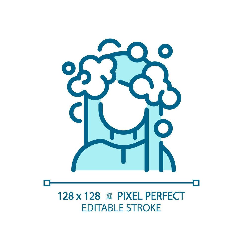 2D pixel perfect editable woman with foam hair wash blue icon, isolated vector, haircare thin line simple monochromatic illustration. vector