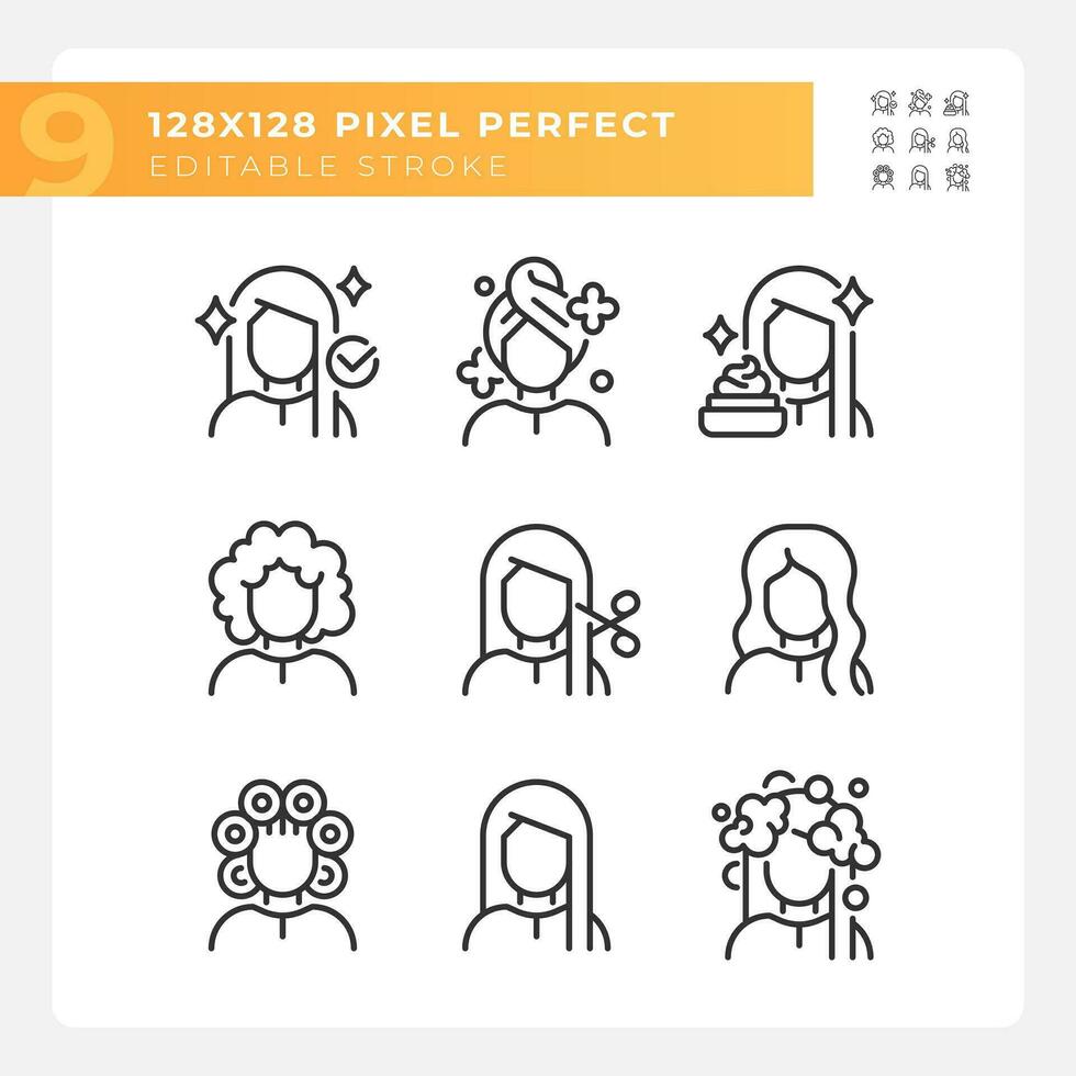 Pixel perfect black icons representing haircare, customizable thin linear illustration set. vector