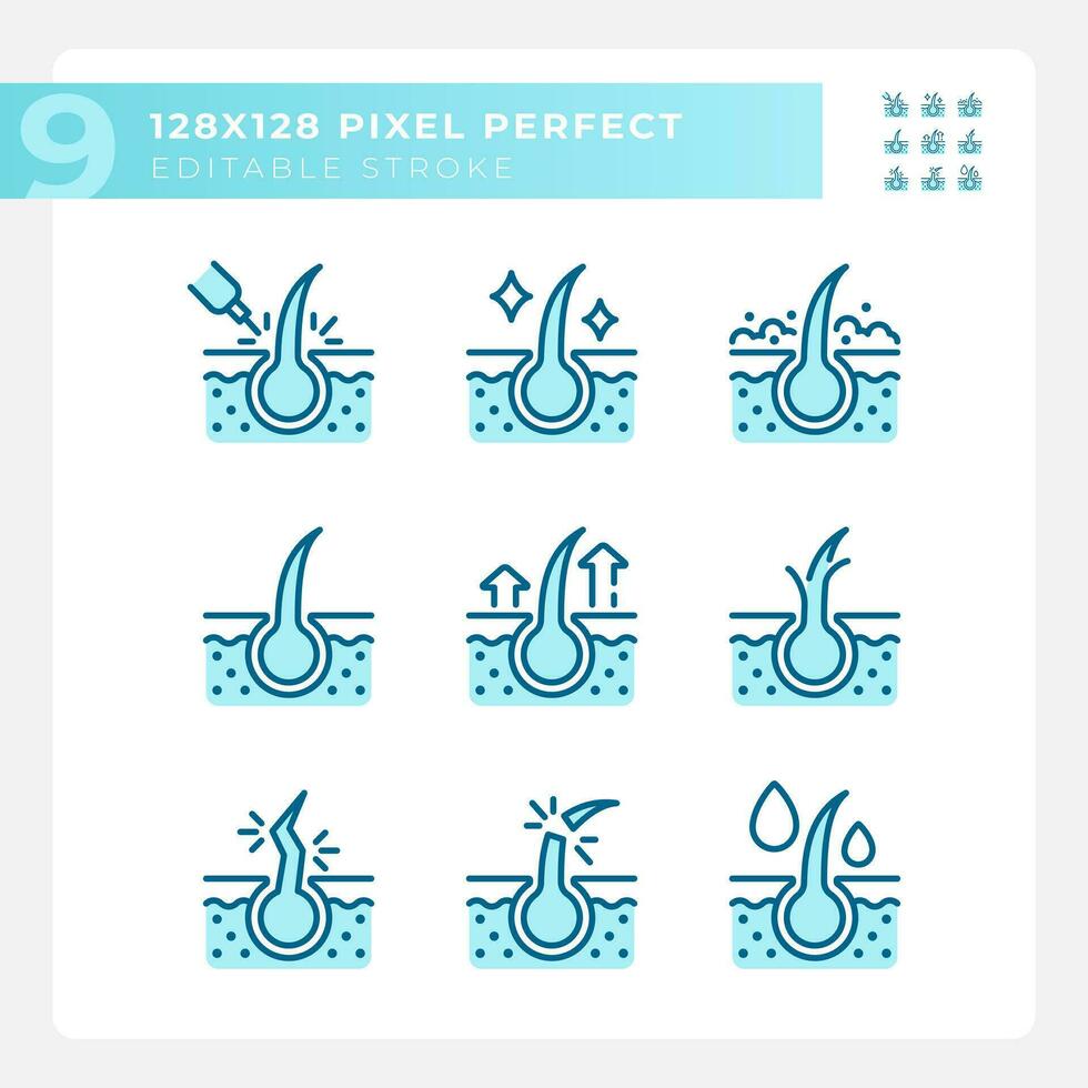 2D pixel perfect blue icons set representing haircare, editable thin line monochromatic illustration. vector