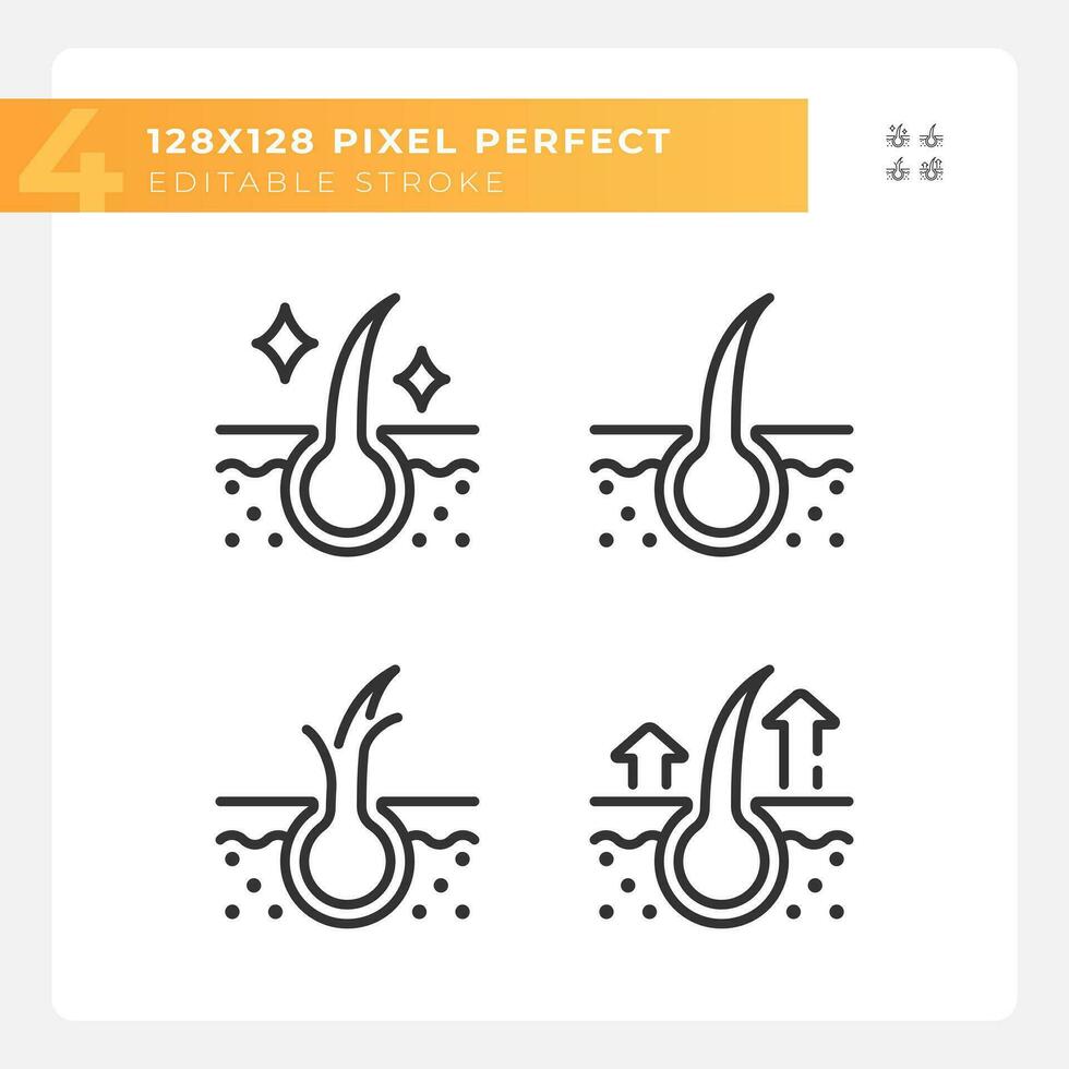 2D pixel perfect black icons set representing haircare, customizable thin line illustration. vector