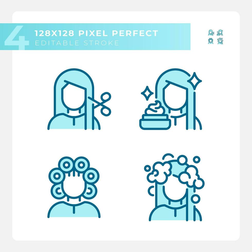 Collection of pixel perfect blue icons set representing haircare, editable thin line monochromatic illustration. vector