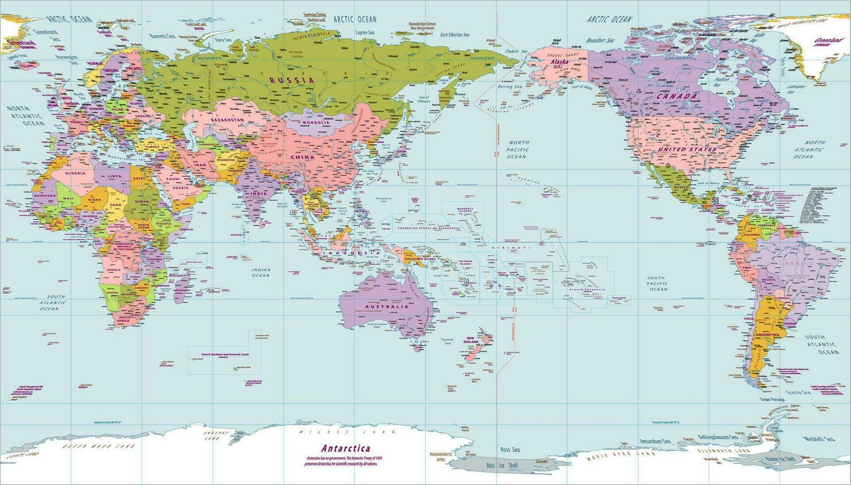 Political world map Asia centered Patterson projection vector