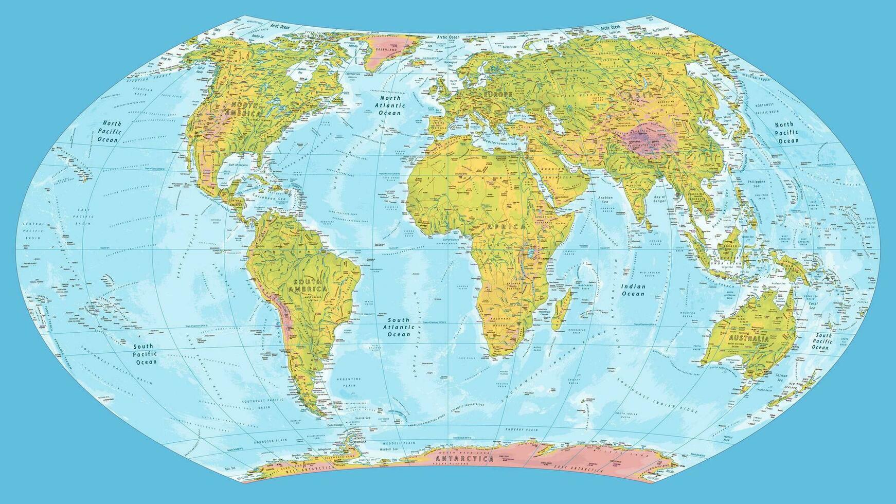 Detailed physical world map Wagner VII projection vector