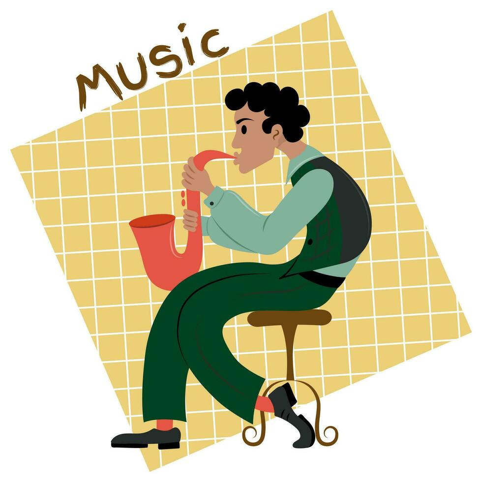 música profesor enseña niños cómo a jugar el saxofón. jazz músico jugando su música. música escuela. plano vector ilustración.