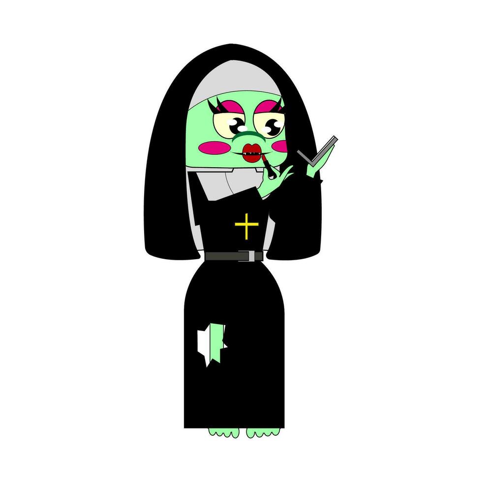 A zombie nun doing makeup. Vector illustration. All elements are isolated