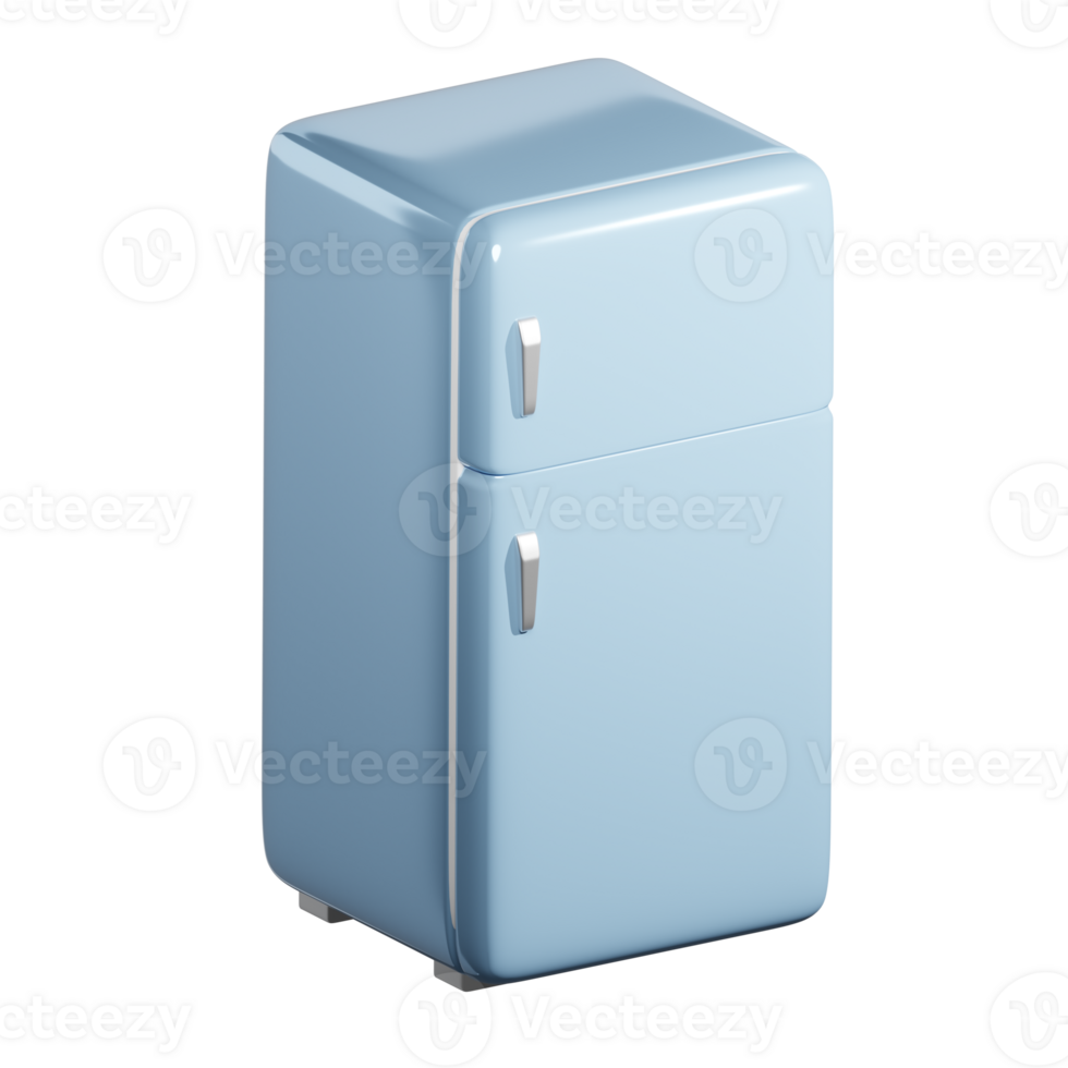 3D rendering of isometric vintage blue fridge freezer and fresh food storage. Keeping food refrigerated. Realistic PNG illustration isolated on transparent background