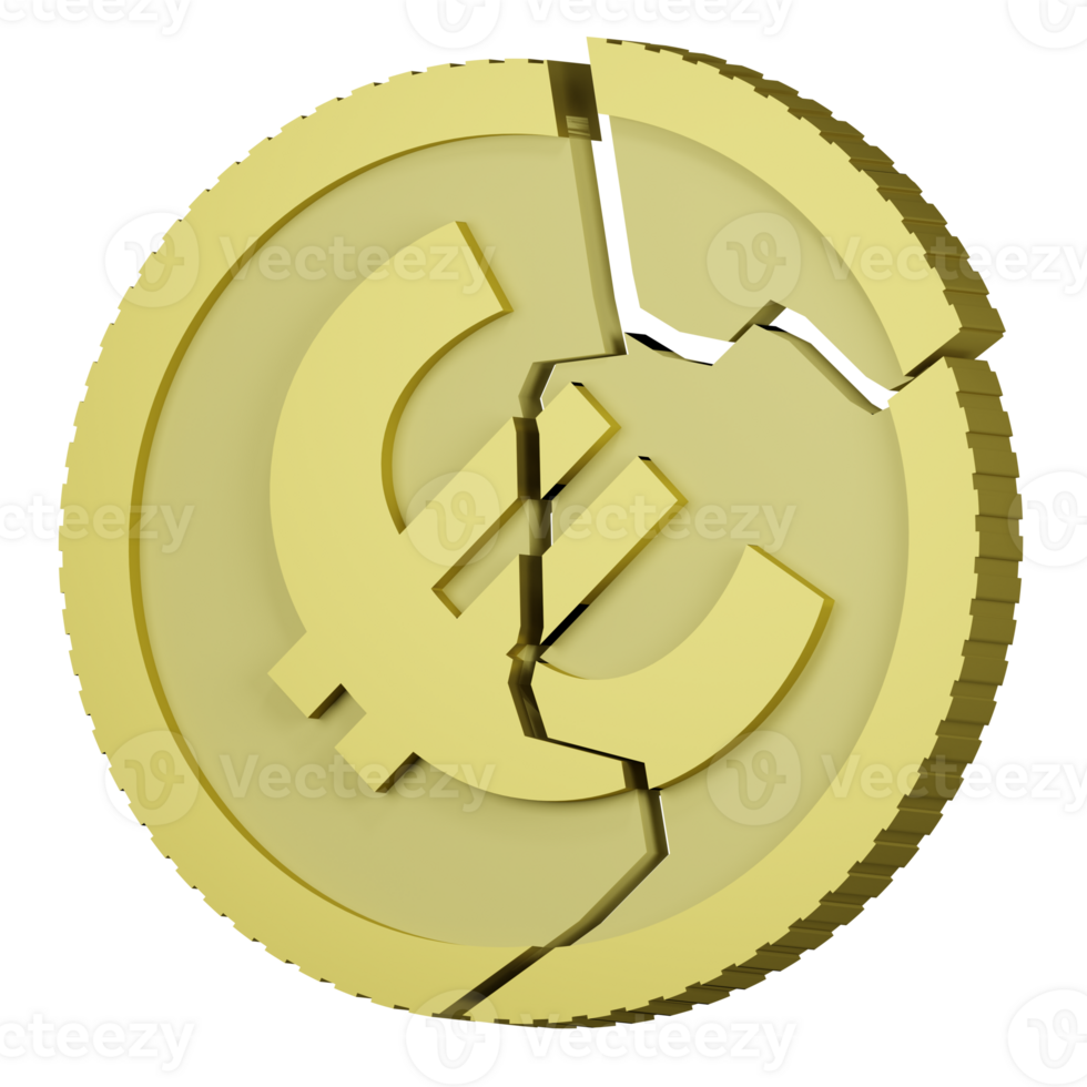 3D rendering of EU money coin with sign of euro currency shattered into pieces falling apart. Depreciation of money, financial crisis. Realistic PNG illustration isolated on transparent background