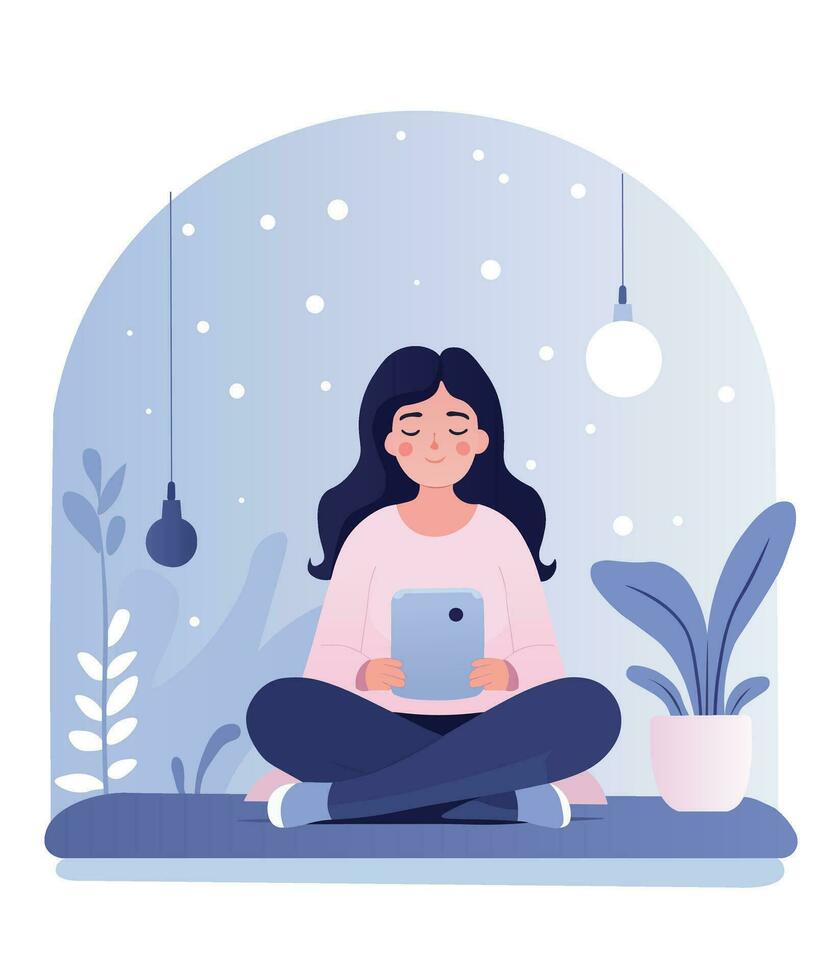 Young lady sitting in her bed and looking into the laptop. Soft colors, night time illustration. Sleep disorder vector