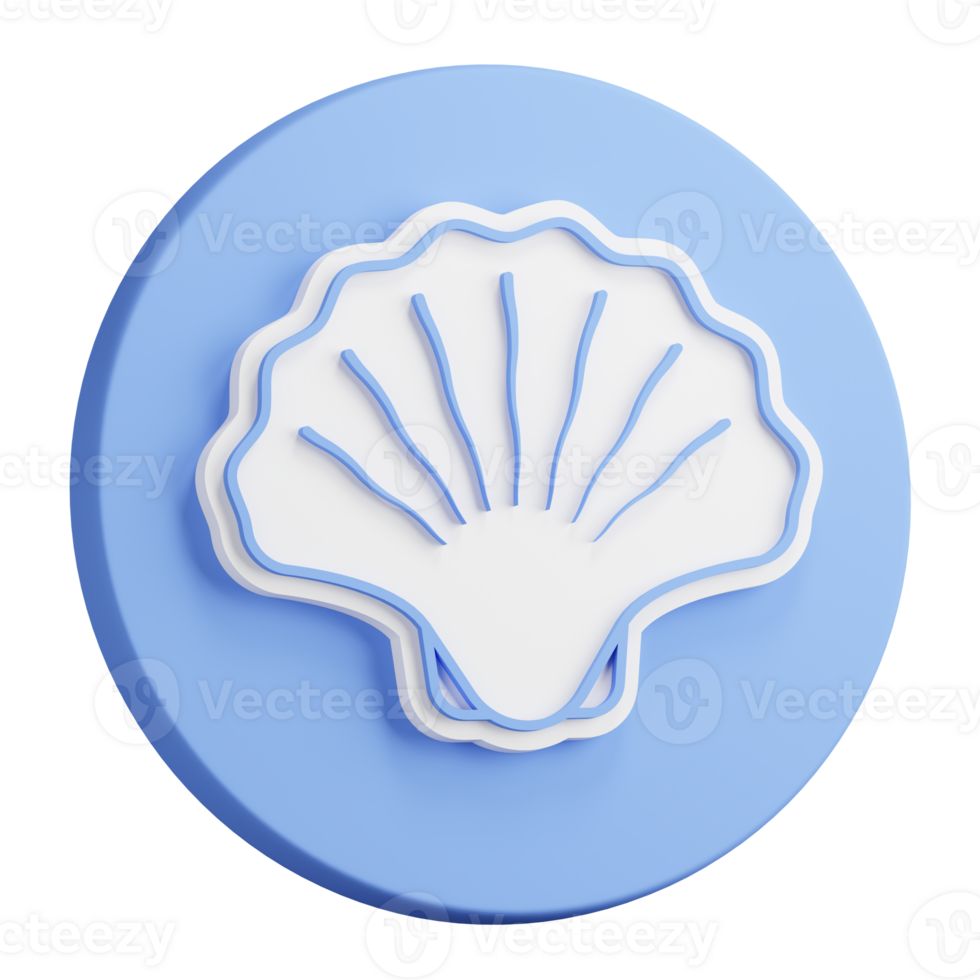 3D rendering of closed sea shell icon. Scallop, edible shellfish and seafood. Realistic blue white PNG illustration isolated on transparent background