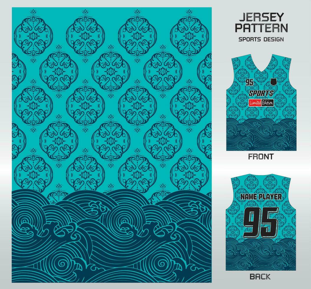 Pattern vector sports shirt background image.Teal green sea waves pattern design, illustration, textile background for sports t-shirt, football jersey shirt